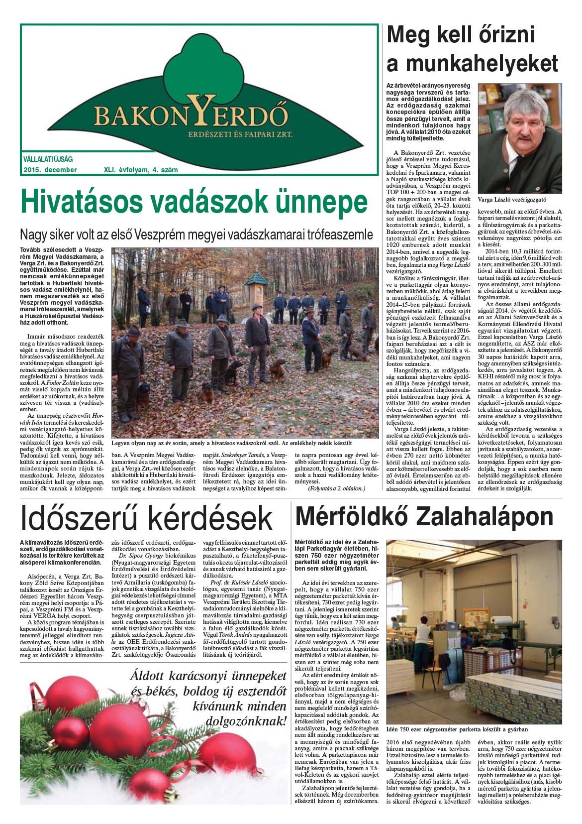 Vállalati újság 2015. december - XLI. évfolyam, 4. szám 1. oldal