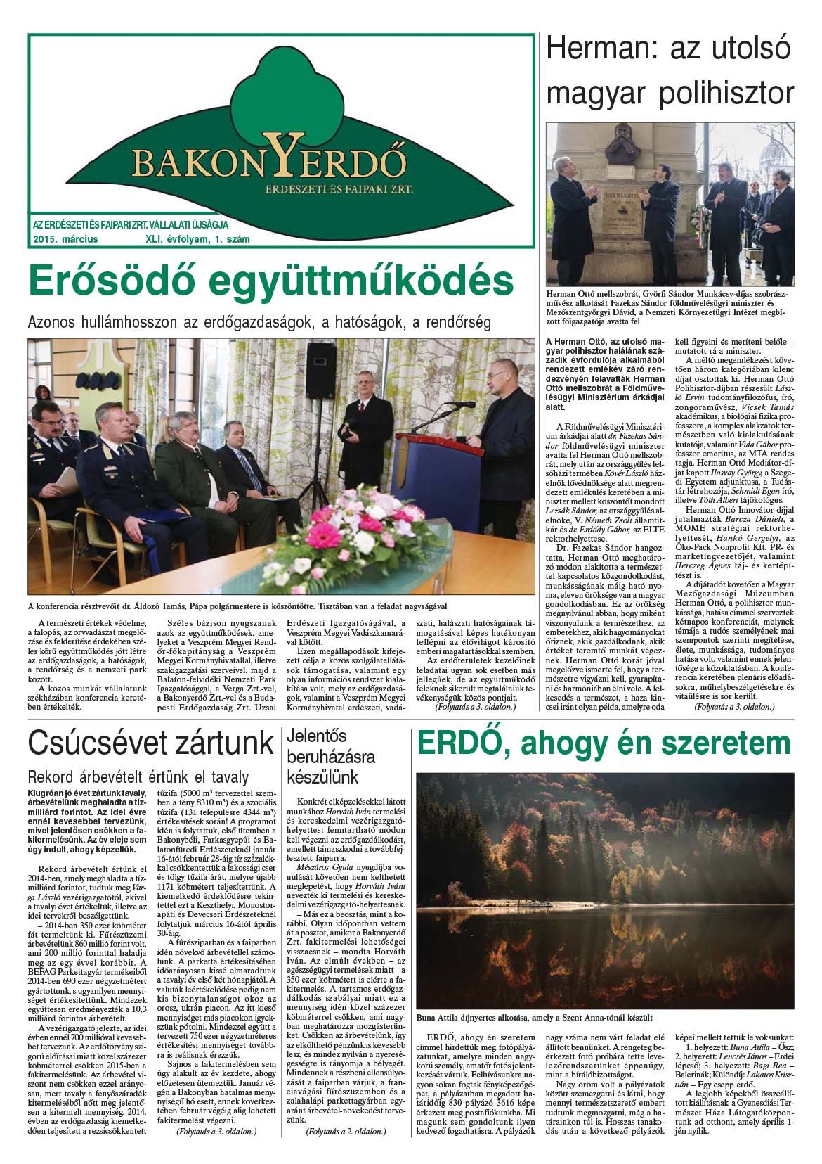 Vállalati újság 2015. március - XLI. évfolyam, 1. szám 1. oldal