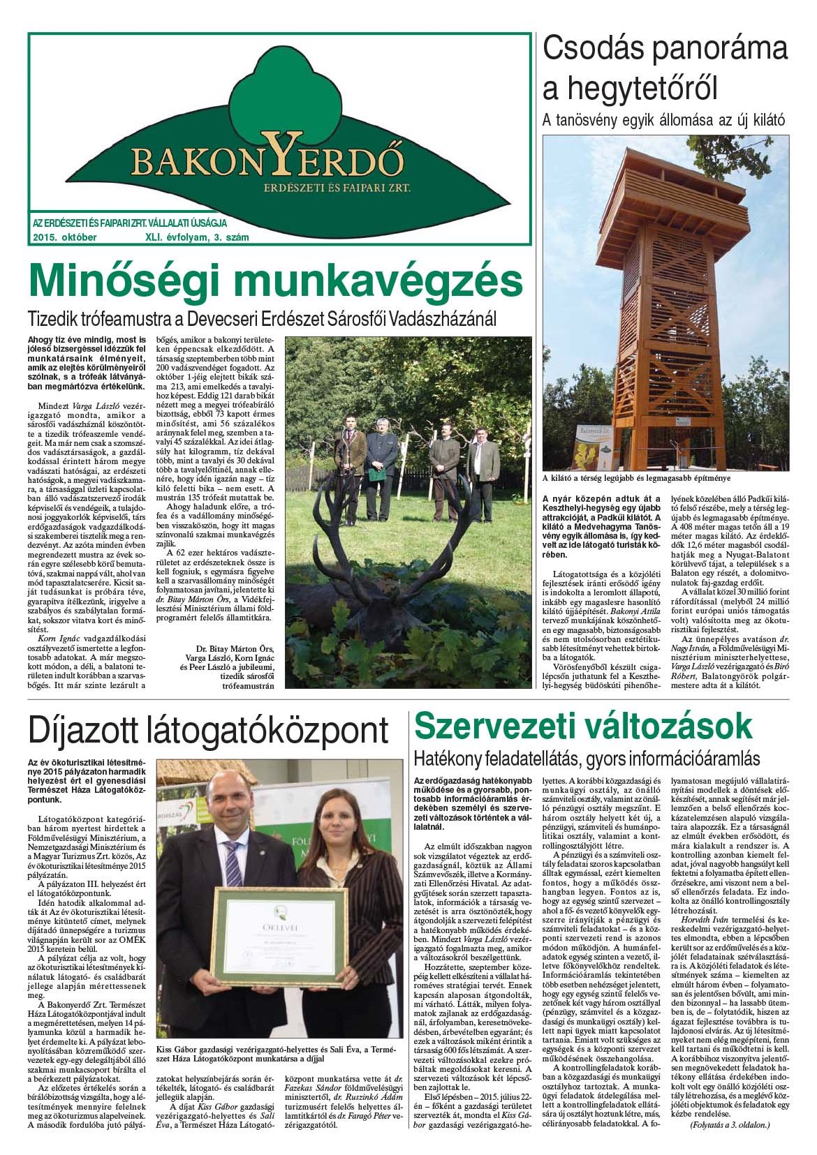 Vállalati újság 2015. október - XLI. évfolyam, 3. szám 1. oldal