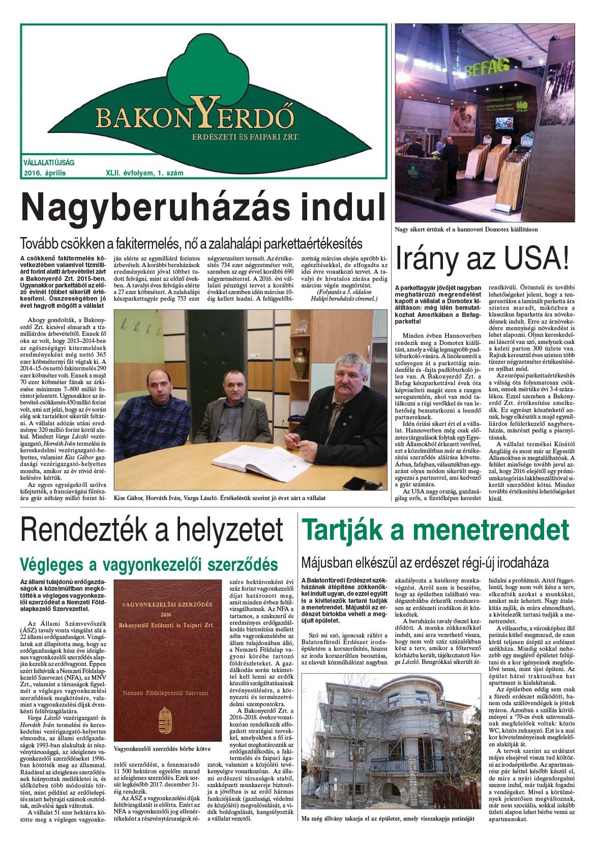 Vállalati újság 2016. április - XLII. évfolyam, 1. szám 1. oldal