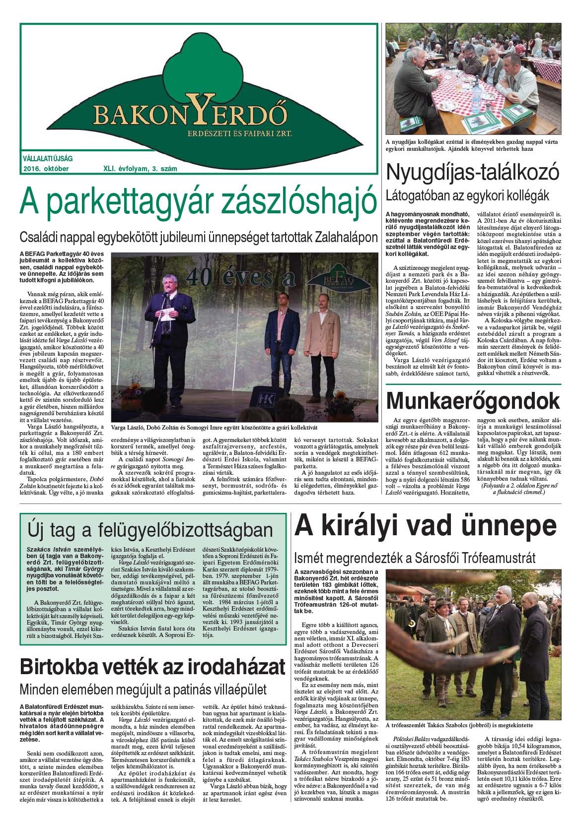 Vállalati újság 2016. október - XLII. évfolyam, 3. szám 1. oldal