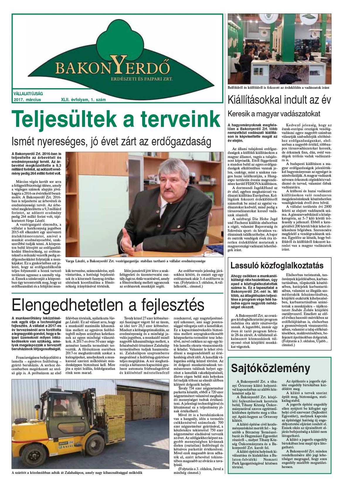 Vállalati újság 2017. március - XLII. évfolyam, 1. szám 1. oldal