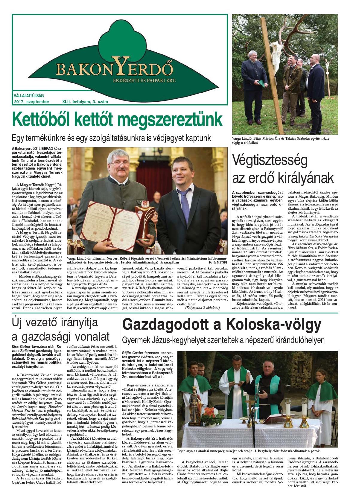 Vállalati újság 2017. szeptember - XLII. évfolyam, 3. szám 1. oldal