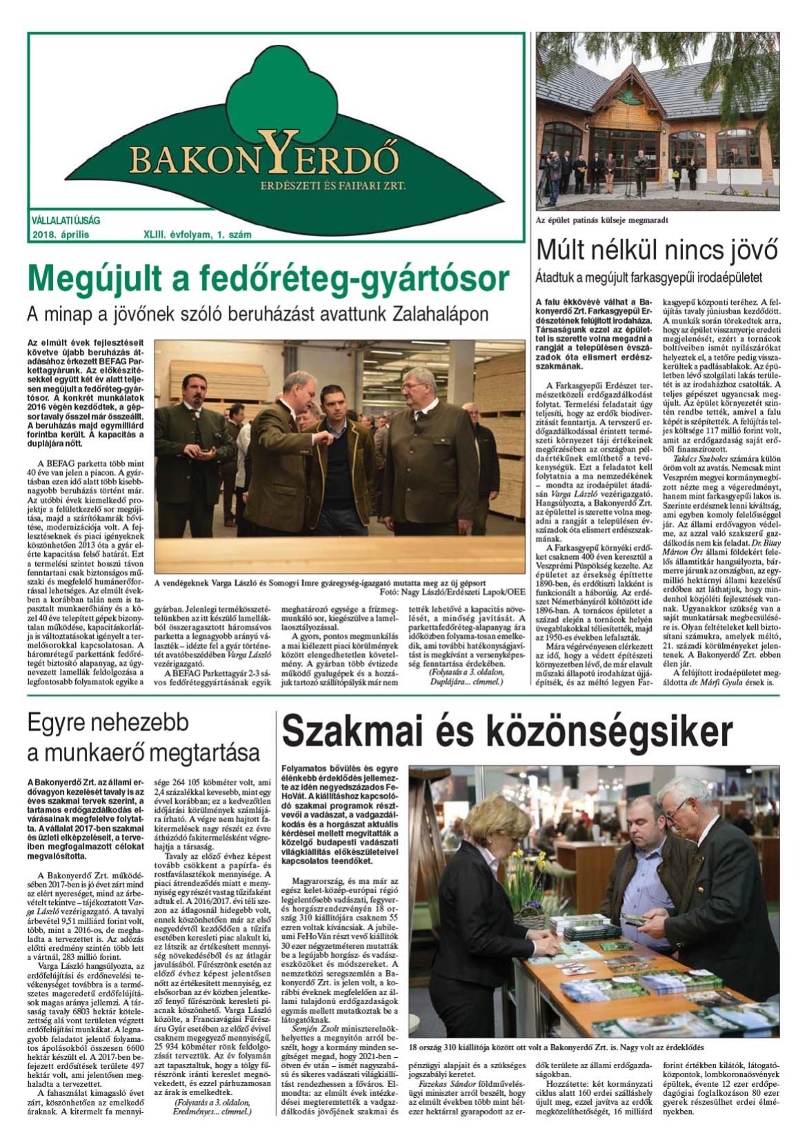 Vállalati újság 2018. április - XLIII. évfolyam, 1. szám 1. oldal