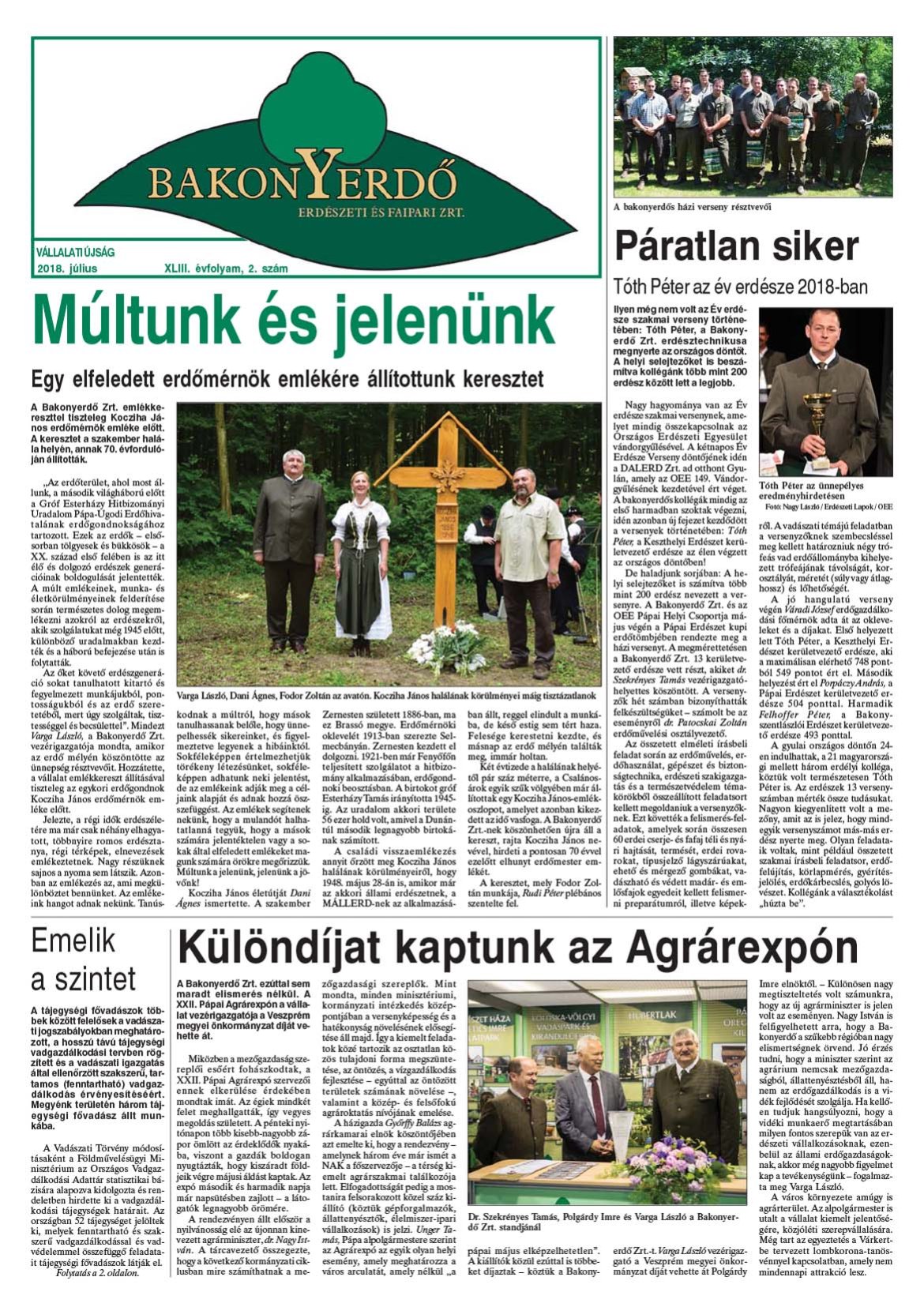 Vállalati újság 2018. július - XLIII. évfolyam, 2. szám 1. oldal