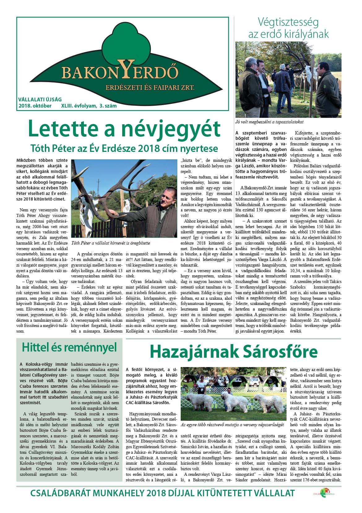 Vállalati újság 2018. október - XLIII. évfolyam, 3. szám 1. oldal