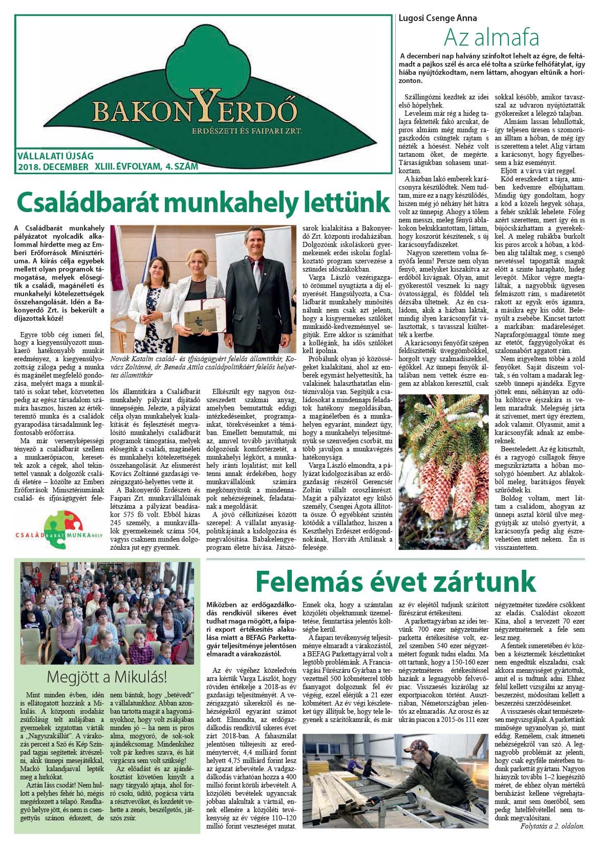 Vállalati újság 2018. december - XLIII. évfolyam, 4. szám 1. oldal
