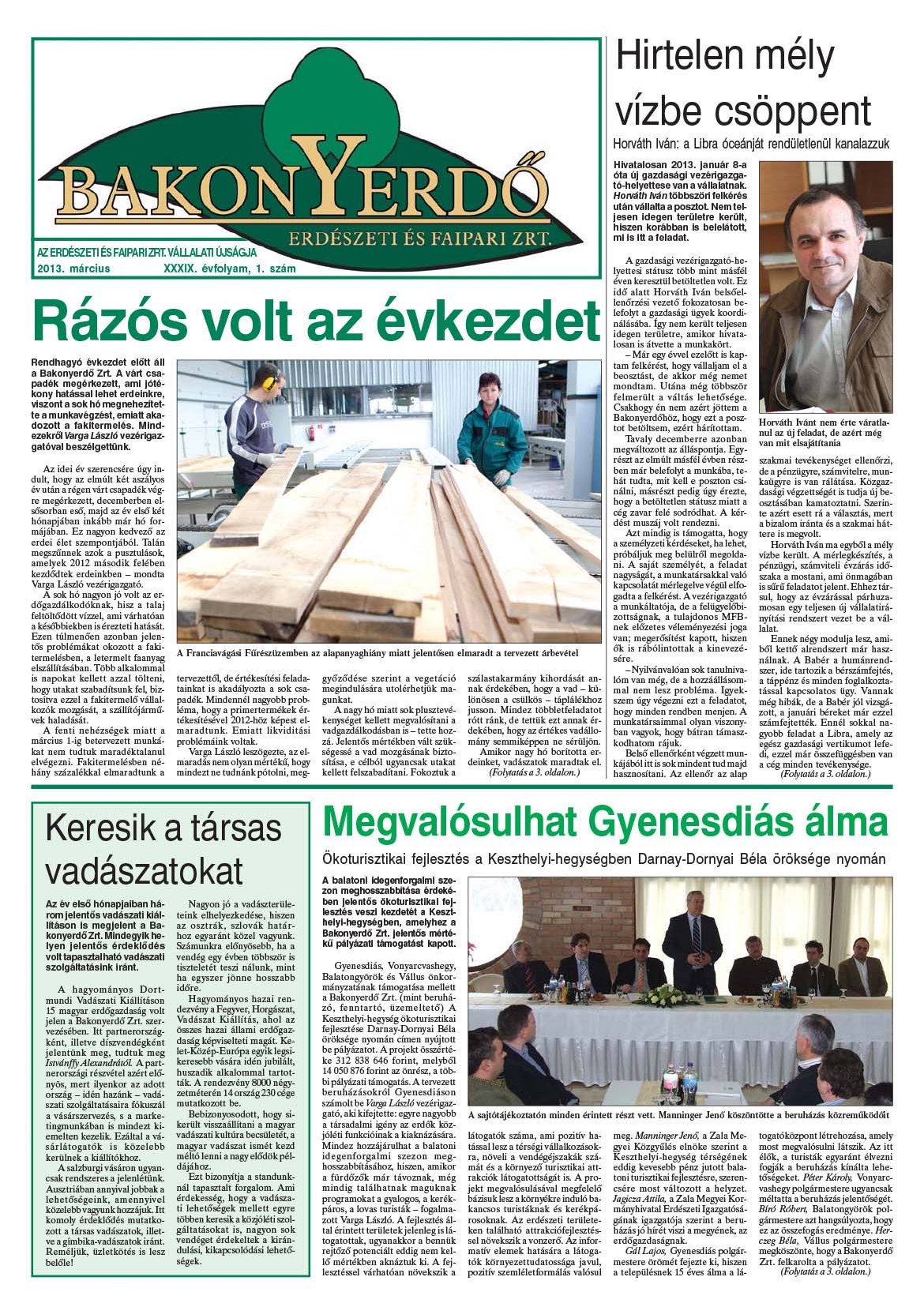 Vállalati újság 2013. március - XXXIX. évfolyam, 1. szám 1. oldal